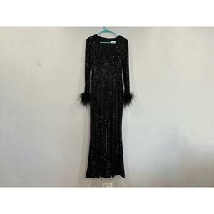 Mac Duggal 11581 Feather Cuff Sequin Black V Neck Jumpsuit XS NWOT